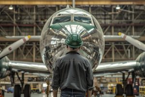 Engineer inspecting aircraft in hangar representing aviation industry supply chain and MRO operations