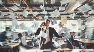 Business professional overwhelmed by paperwork and phone calls in a chaotic office, symbolizing information overload and the need for digital automation.