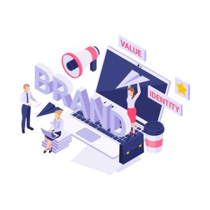 Illustration of business professionals building brand identity and value through digital marketing, symbolizing brand trust in aviation marketing.